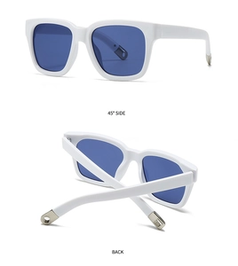 Dual view of white square sunglasses with blue lenses showing 45-degree side and back detail