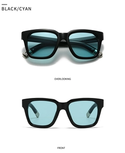 Detailed front and top views of square sunglasses with black frames and cyan lenses