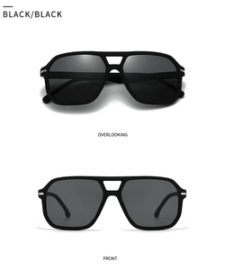 Black aviator sunglasses with double bridge and metal accents in front and overlook views
