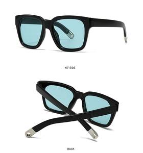Detail view showing 45-degree side and back fold of black square sunglasses with blue lenses
