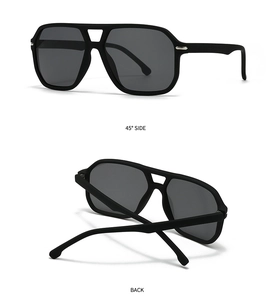 Detailed side and back view of retro pilot sunglasses with double bridge and matte black frames
