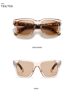 Detail view of square sunglasses with translucent tea frames and tortoiseshell temples