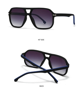 Detail view of vintage square sunglasses with purple gradient lenses and blue inner frames