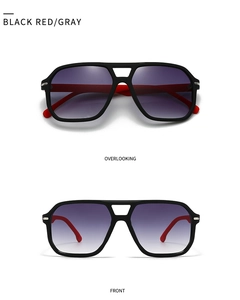Front and top view of pilot sunglasses with black frame, red temples and gradient lenses
