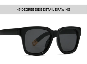 Detailed 45-degree side view of modern square sunglasses with black frame and gold accents