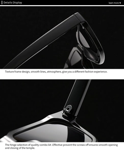 Detail showing the reinforced metal hinge and glossy black frame of the sunglasses