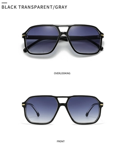 Detailed views of retro oversized aviator sunglasses with black transparent frames and gold accents