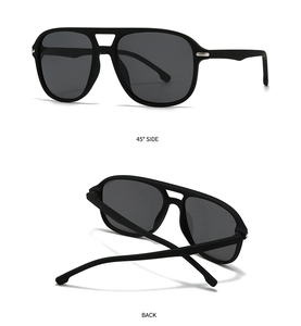 Detailansicht der mattschwarzen Navigator-Sonnenbrille mit 45-Grad-Seiten- und Rückansicht