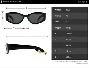 Detailed size chart for Model 2500 cat-eye sunglasses with precise frame dimensions