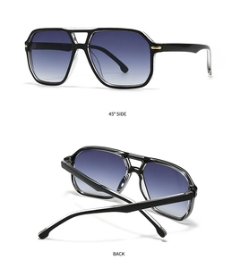 Detail view showing 45-degree side and back of pilot sunglasses with gradient blue lenses