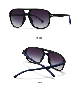 Detailsicht der Pilotenbrille mit mattschwarzem Rahmen und lila Verlaufsgläsern
