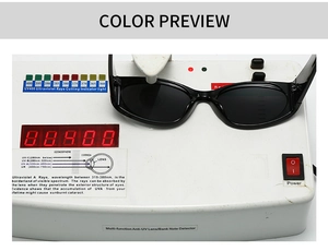 Detailed UV400 protection test for black cat eye sunglasses on professional testing device