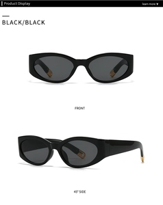 Front and side view of black cat-eye sunglasses with gold accents on temples