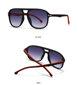 Detailansicht der Flieger-Sonnenbrille mit mattem schwarzem Rahmen und roten Innenbügeln