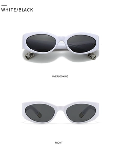 Detailed front and top view of white oval frame sunglasses with black lenses