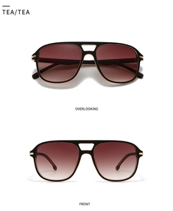 Vorder- und Draufsicht der Retro-Pilotenbrille mit schwarzem Rahmen und Tee-Verlauf