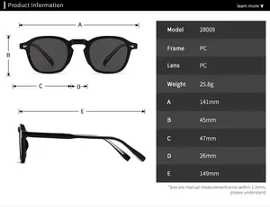 Detailed size guide and measurements for classic retro polarized sunglasses model 28009