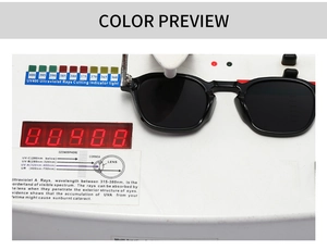 Detail showing UV400 protection test for retro black square frame sunglasses lens