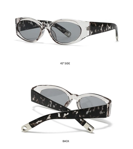 Detailed 45-degree side and back view of cat eye sunglasses with marble texture frames