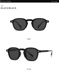Front and 45-degree side views of black retro sunglasses with silver triangle rivets