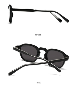 Side and back view of retro black full-rim sunglasses showing hinge and temple details