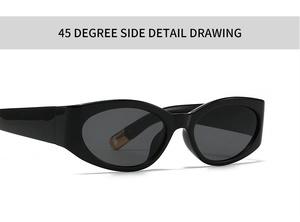 Detailed 45-degree side view of black cat-eye sunglasses with sleek oval frames