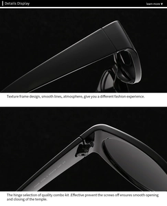 Detail of metal hinge structure and lens specifications on black cat-eye sunglasses