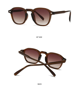 Detail of tortoiseshell sunglasses with silver arrow rivets and brown gradient lenses