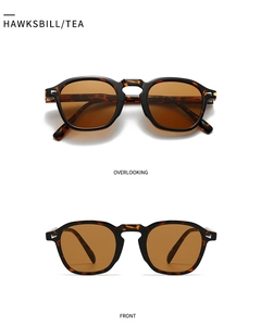 Front and top view of retro tortoise shell sunglasses with dark tea lenses and rivets