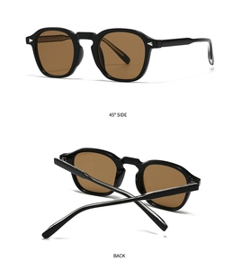 Detailed view of vintage black round sunglasses with brown lenses from side and back angles