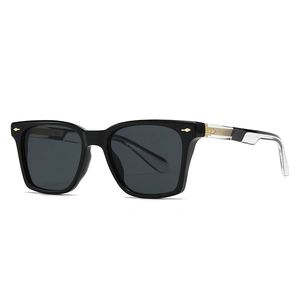 Lunettes de soleil carrées noires rétro avec accents dorés et branches transparentes