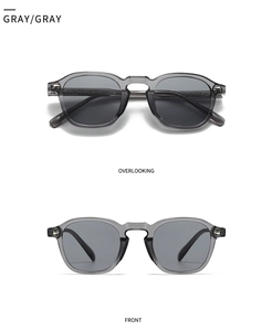 Detail view of transparent grey sunglasses with silver rivets and UV protection lenses