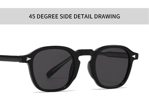 Detailed 45-degree side view of retro black square sunglasses with silver triangle accents