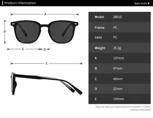 Tableau des tailles pour lunettes de soleil rétro montrant les mesures du cadre et des verres