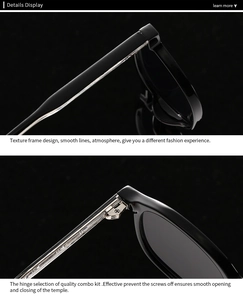 Detail of high-quality metal hinges and textured retro frame design on black sunglasses