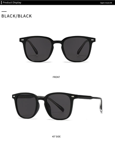 Vues de face et de côté à 45 degrés des lunettes de soleil carrées noires avec détails argent