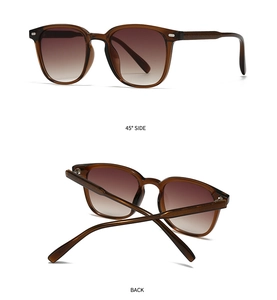 Vues détaillées du côté à 45 degrés et de l'arrière des lunettes de soleil rétro marron