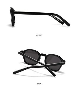 Vue détaillée de lunettes de soleil vintage noires avec monture polie et profil latéral à 90 degrés
