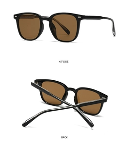 Vue détaillée des lunettes de soleil carrées noires avec verres bruns et charnières