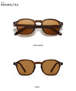 Vues détaillées des lunettes de soleil marron rétro carrées avec charnières métalliques