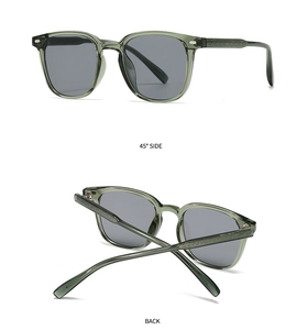 Détail de lunettes de soleil vertes translucides avec armature en métal gravée aux branches