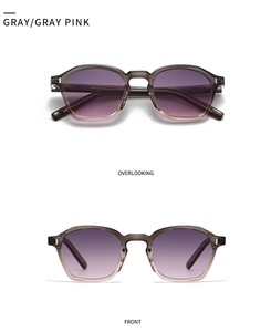 Vue avant et dessus de lunettes de soleil rétro gris translucide à verres dégradés