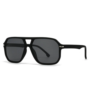 Modern aviator sunglasses with black matte frame and dark grey lenses on white background