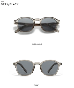 Détail de lunettes de soleil grises transparentes avec charnières en métal et verres foncés