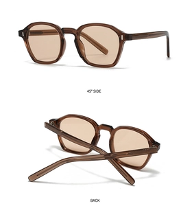 Détail de la monture de lunettes de soleil marron transparent avec angle de 45 degrés et vue arrière