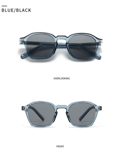 Vues frontale et de dessus des lunettes de soleil carrées bleu transparent à verres gris foncé