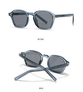 Détail de lunettes de soleil bleu transparent avec verres gris, vues de côté et de dos