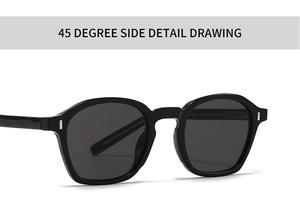 Vue détaillée de profil à 45 degrés de lunettes de soleil carrées noires avec métal
