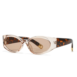 Cat eye sunglasses with oval champagne frames and tortoiseshell temples in side view