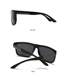 Detailansicht der quadratischen schwarzen Sonnenbrille mit Metallelementen am Scharnier